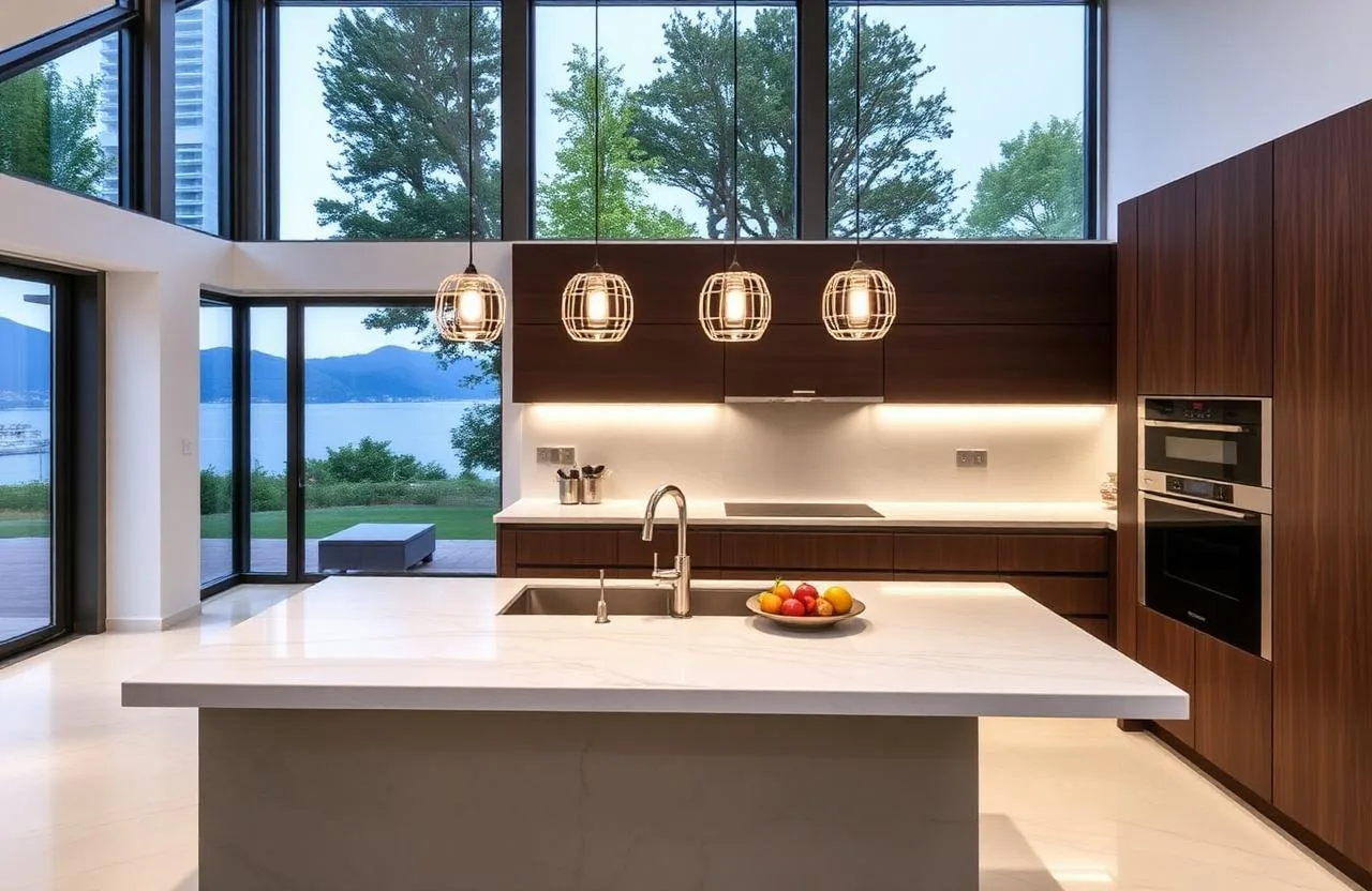 Cucina con isola e sospensioni industrial in villa sul lago di Como